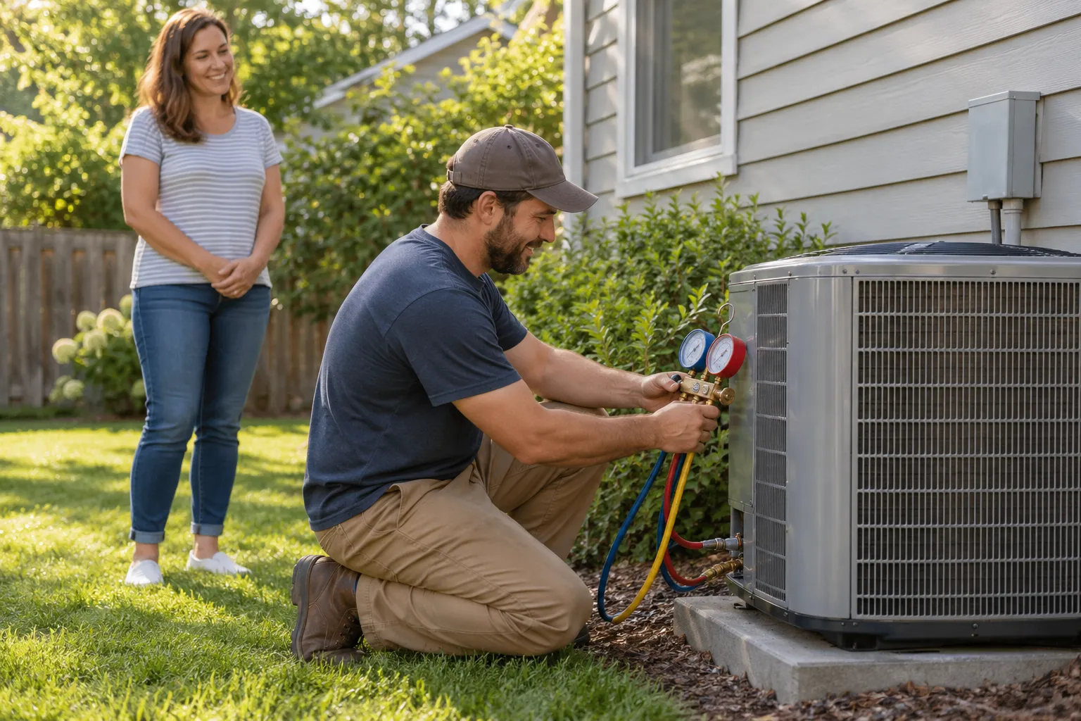 Independent HVAC provider inspecting an outdoor air conditioner at a home in St. Louis