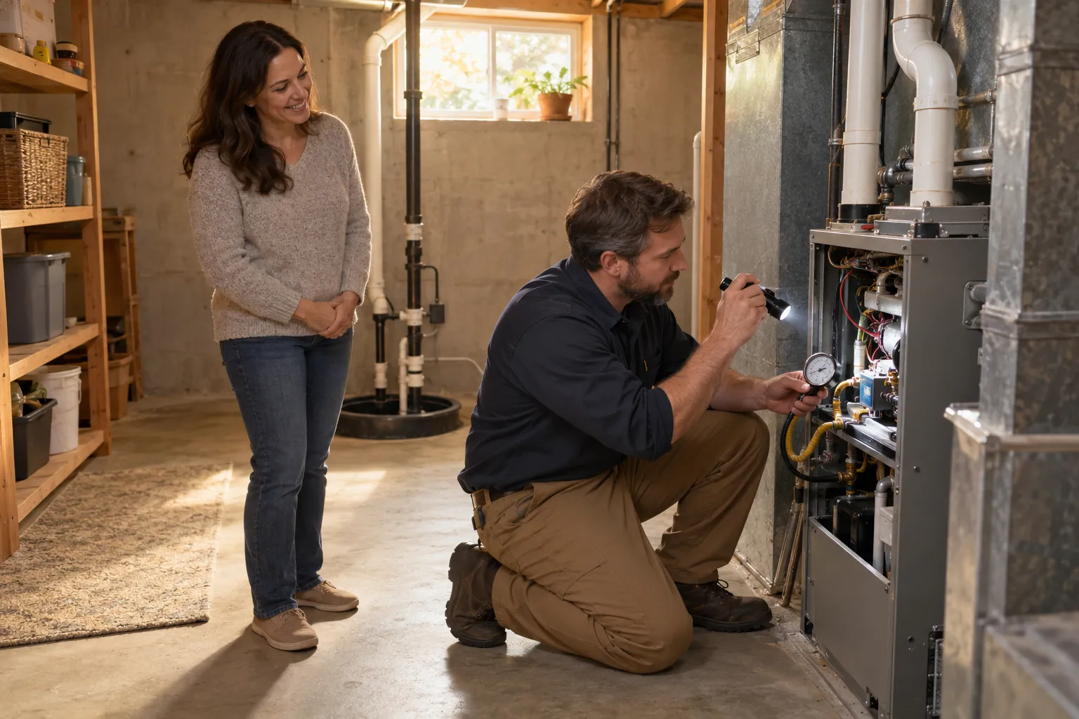 Independent HVAC provider inspecting a gas furnace in a St. Louis home basement while a homeowner looks on