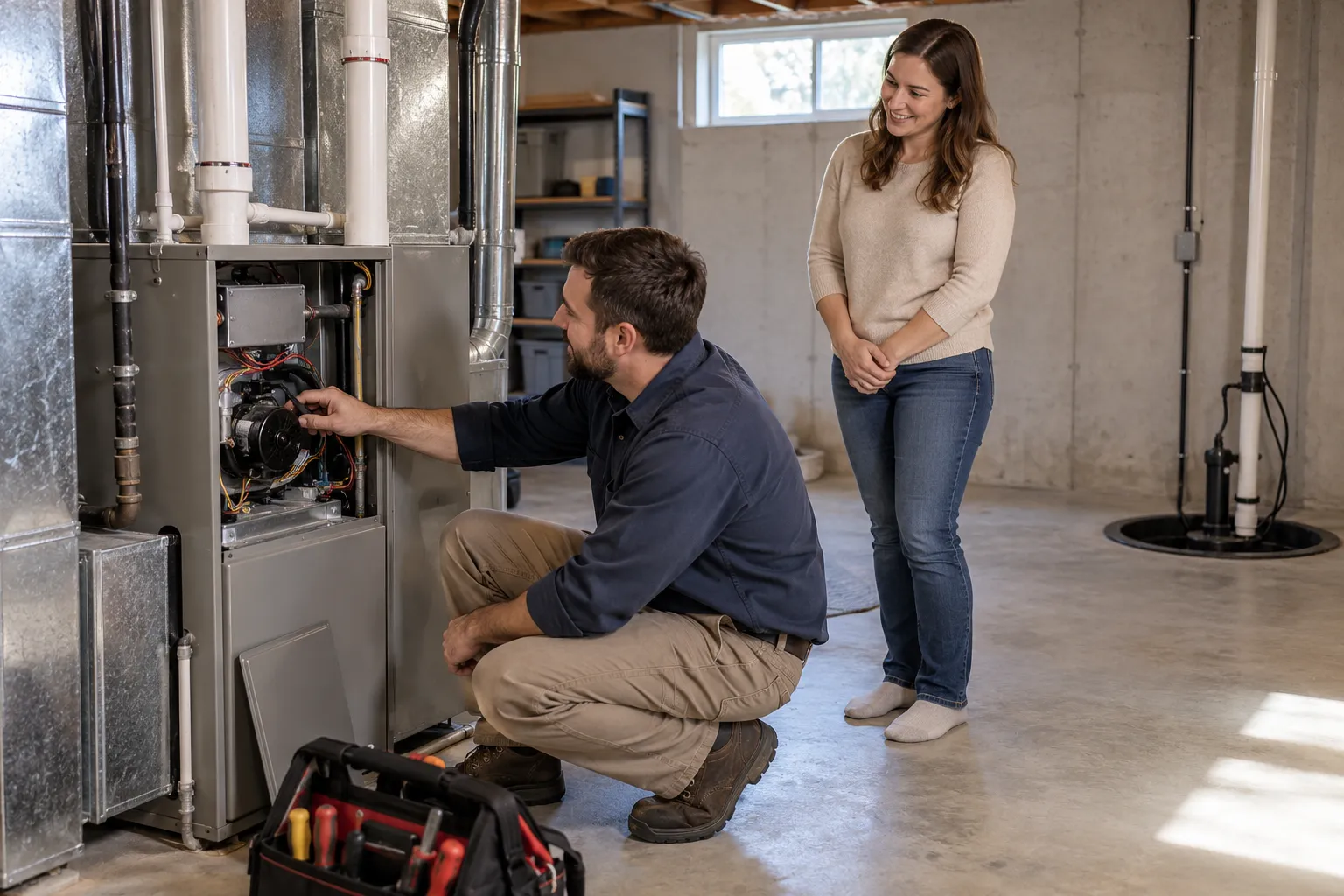 A provider checking a furnace in a home basement near St. Louis