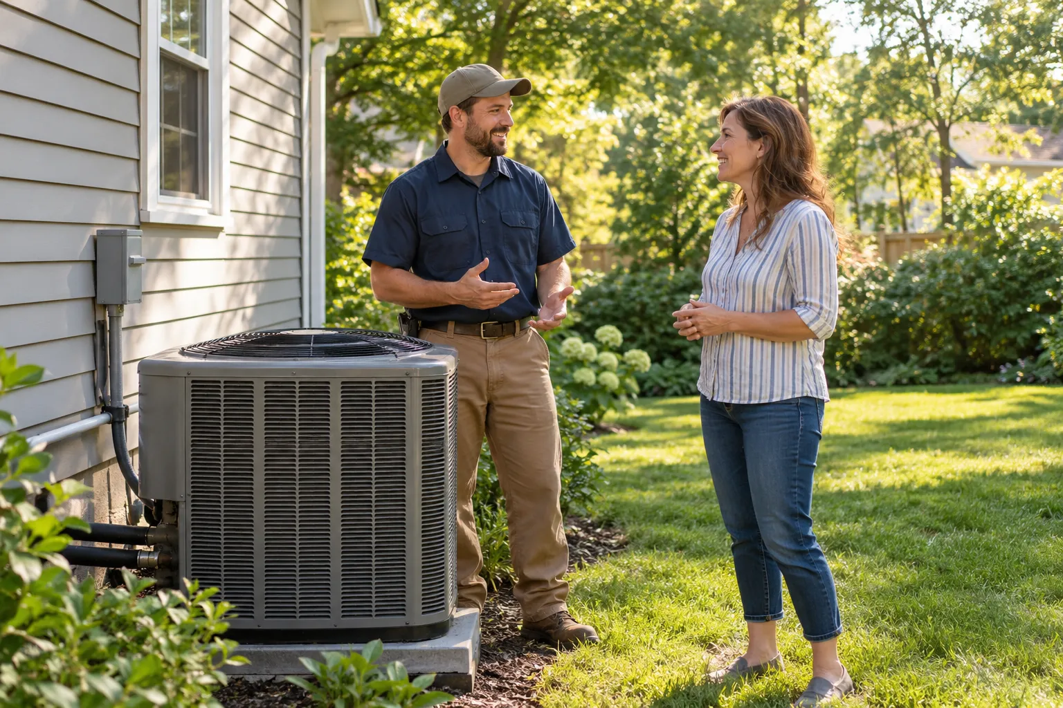 A homeowner talking with an HVAC provider beside an outdoor air conditioner in St. Louis